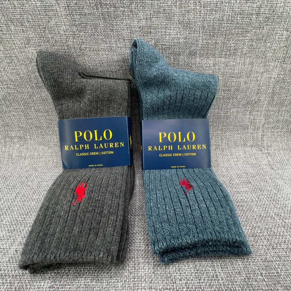 2 Pair of Polo Ralph Lauren Crew Socks Mens Sz 10-13 Grey Blue Ribbed Cotton NEW